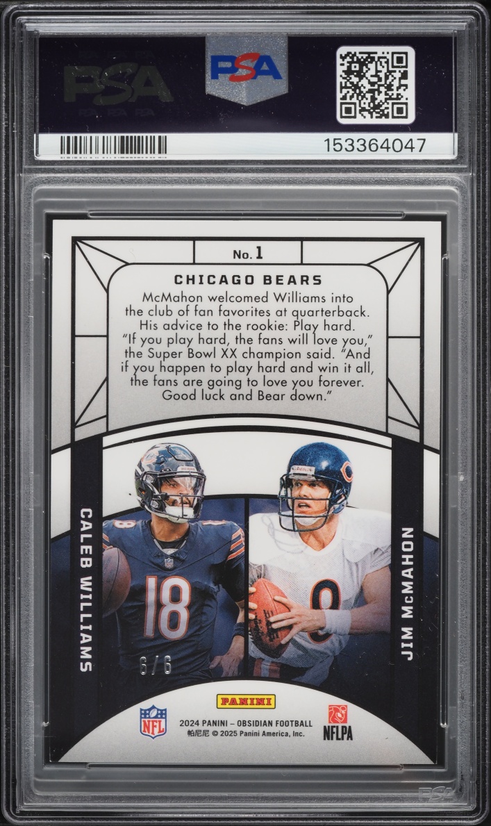 2024 Panini Obsidian Eclipsing Legends Jade Jim McMahon Caleb Williams ROOKIE 6/6 #1 PSA 8 - Photo 2
