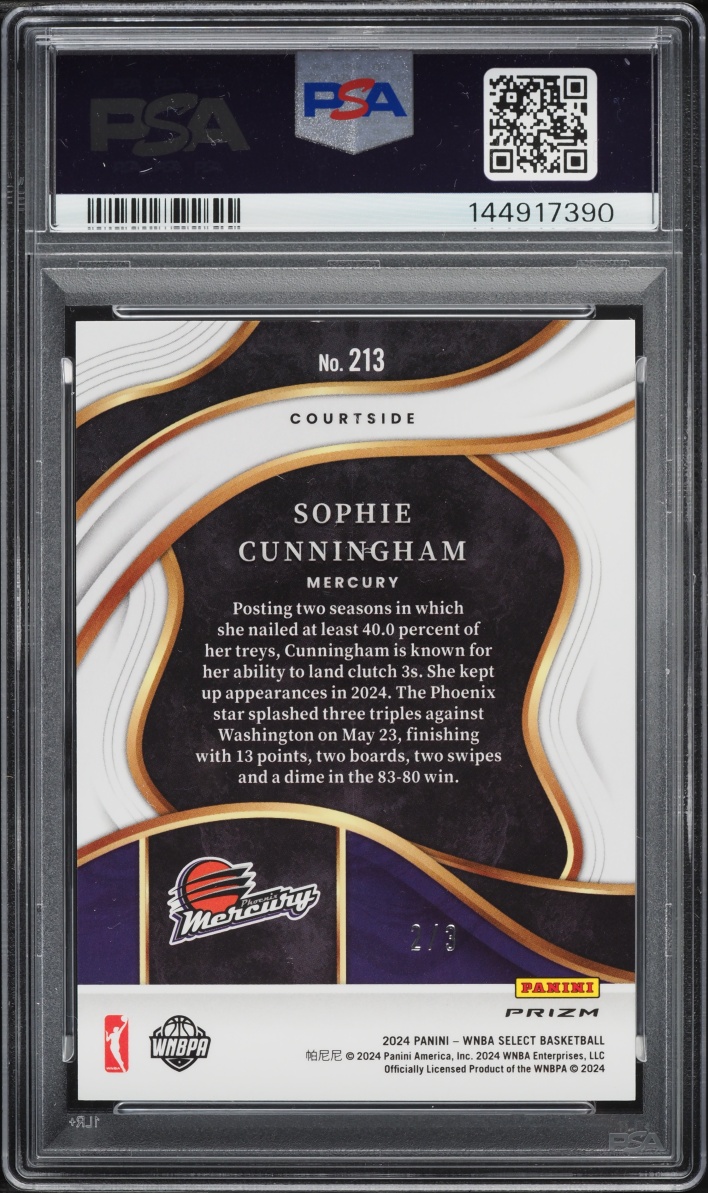 2024 Select WNBA Courtside Pink Shimmer FOTL Sophie Cunningham /3 #213 PSA 9 MINT - Photo 2