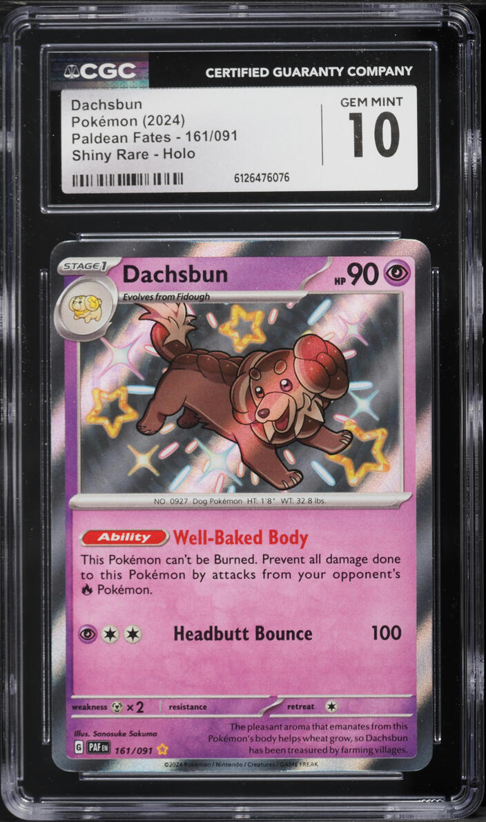 2024 Pokemon Scarlet & Violet Paldean Fates Shiny Rare Dachsbun #161 CGC 10 GEM MINT