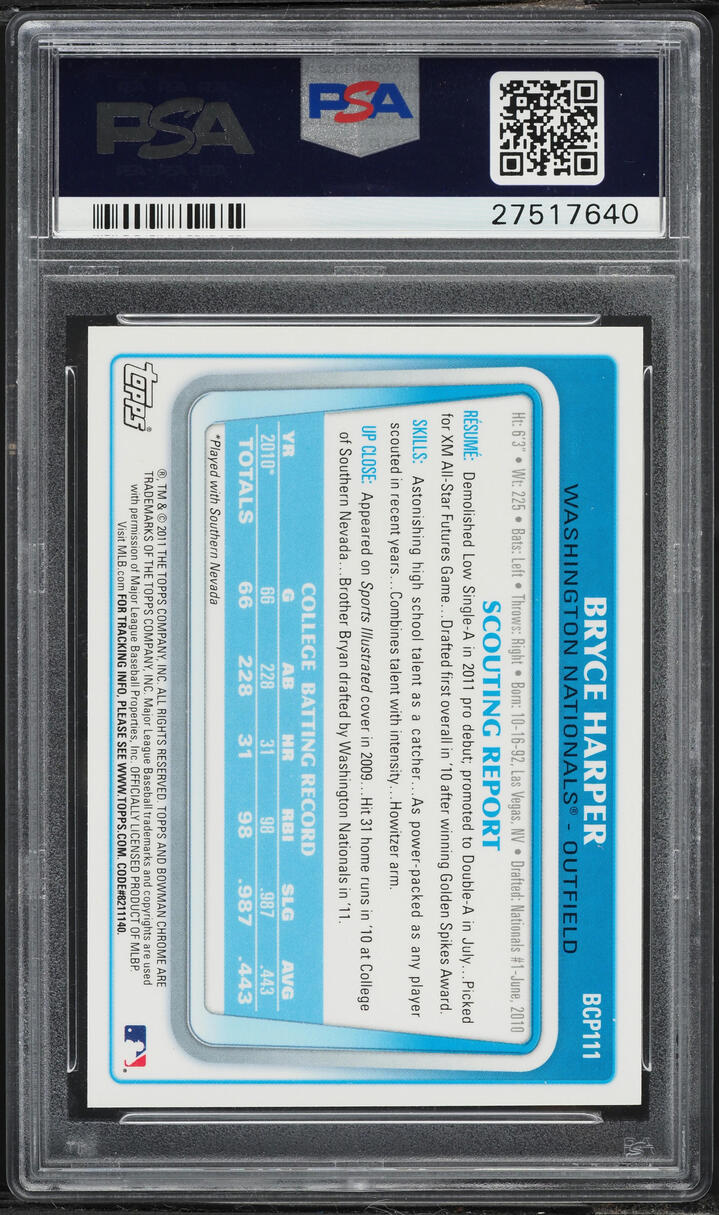 2011 Bowman Chrome Bryce Harper PROSPECT AUTO #BCP111 PSA 10 GEM MINT