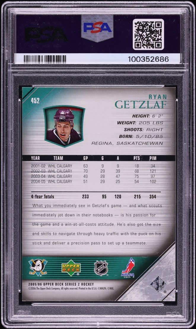 2005 Upper Deck Young Guns Ryan Getzlaf ROOKIE #452 PSA 8 NM-MT