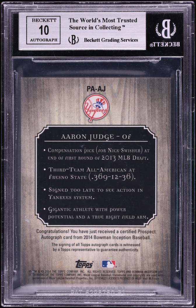 2014 Bowman Inception Aaron Judge PROSPECT AUTO #PA-AJ BGS 8.5 NM-MT+