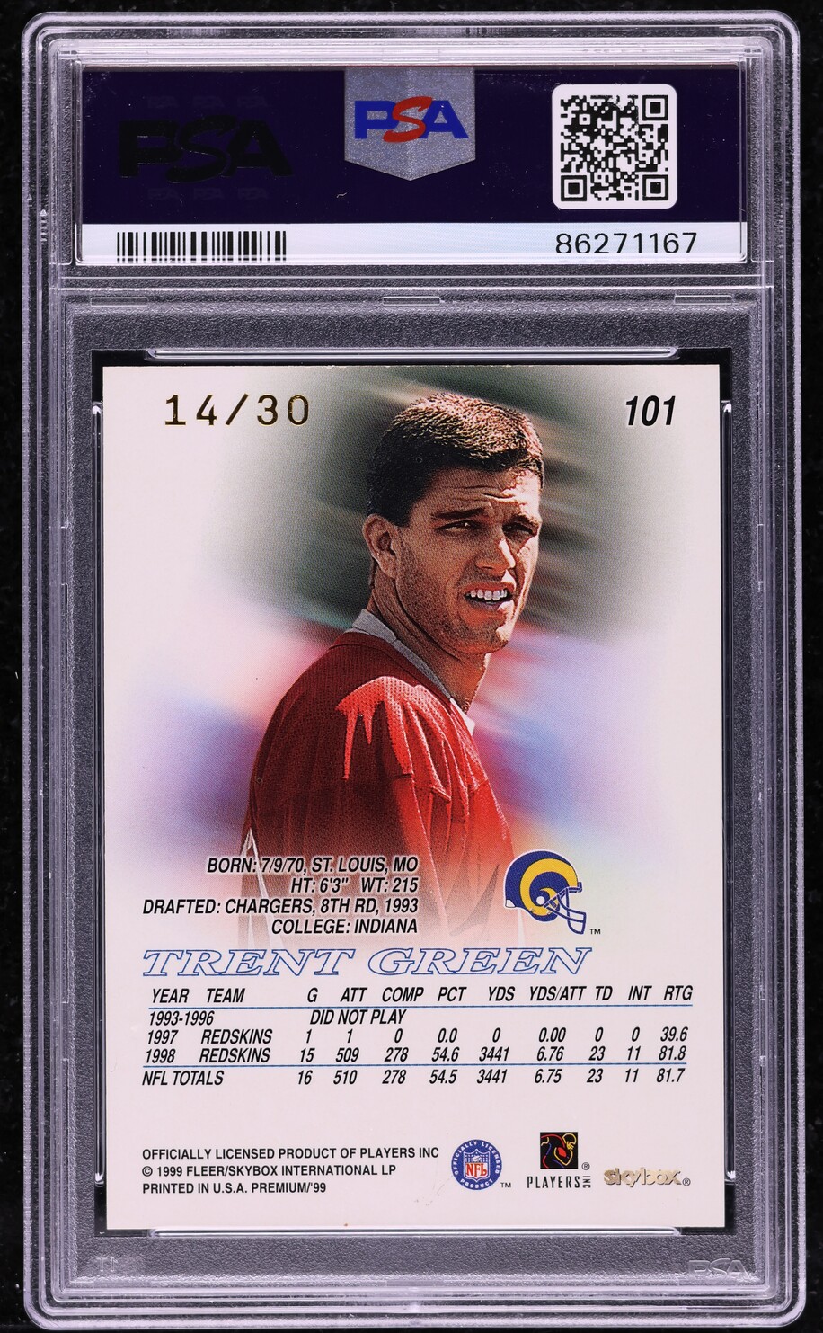 1999 Skybox Premium Shining Star Rubies Trent Green /30 #101 PSA 7 NRMT