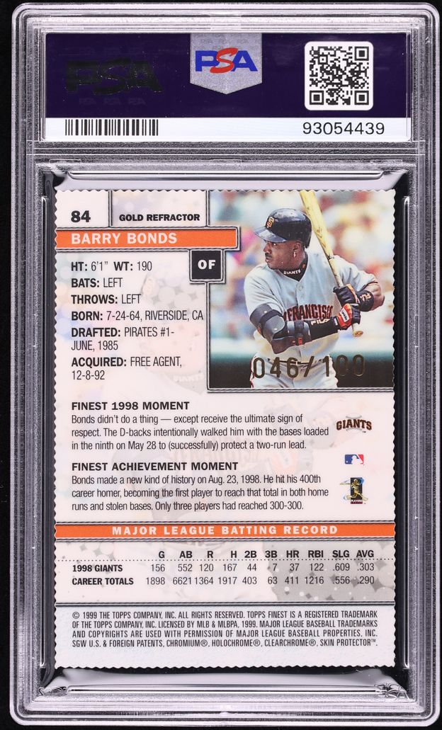 1999 Finest Gold Refractor Barry Bonds /100 #84 PSA 10 GEM MINT - Photo 2