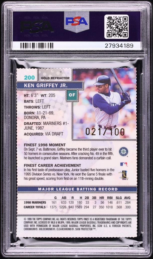 1999 Finest Gold Refractor Ken Griffey Jr. /100 #200 PSA 10 GEM MINT - Photo 2