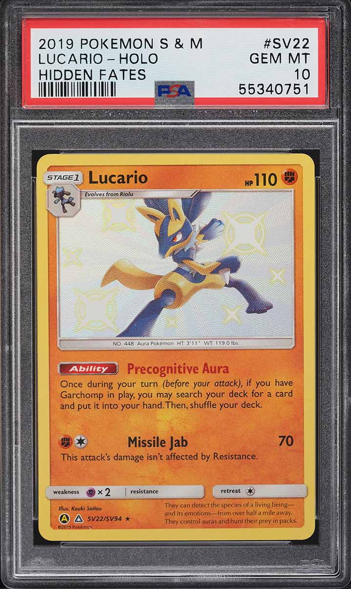 2019 Pokemon Sun & Moon Hidden Fates Shiny Lucario #SV22 PSA 10 GEM MINT