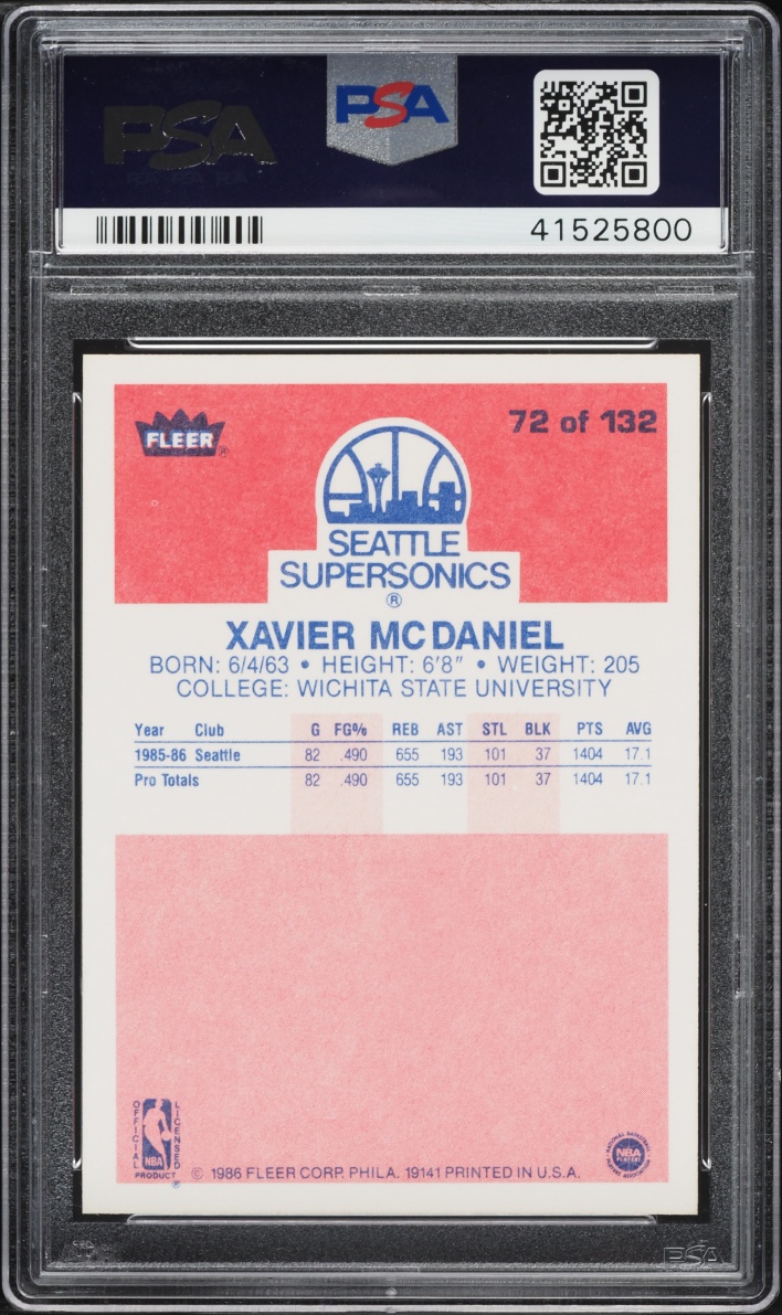 1986 Fleer Basketball Xavier McDaniel ROOKIE #72 PSA 9 MINT