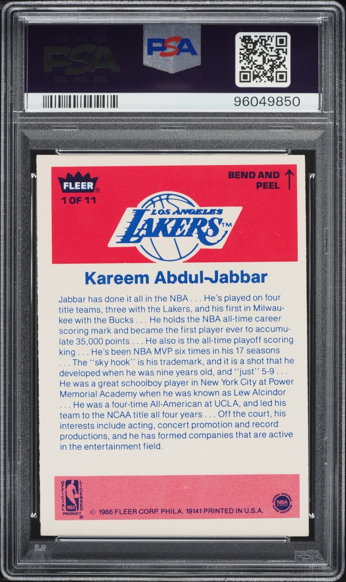 1986 Fleer Sticker Kareem Abdul-Jabbar #1 PSA 9 MINT