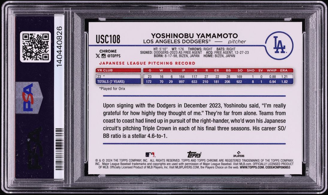 2024 Topps Chrome Update Yoshinobu Yamamoto ROOKIE #USC108 PSA 8 NM-MT