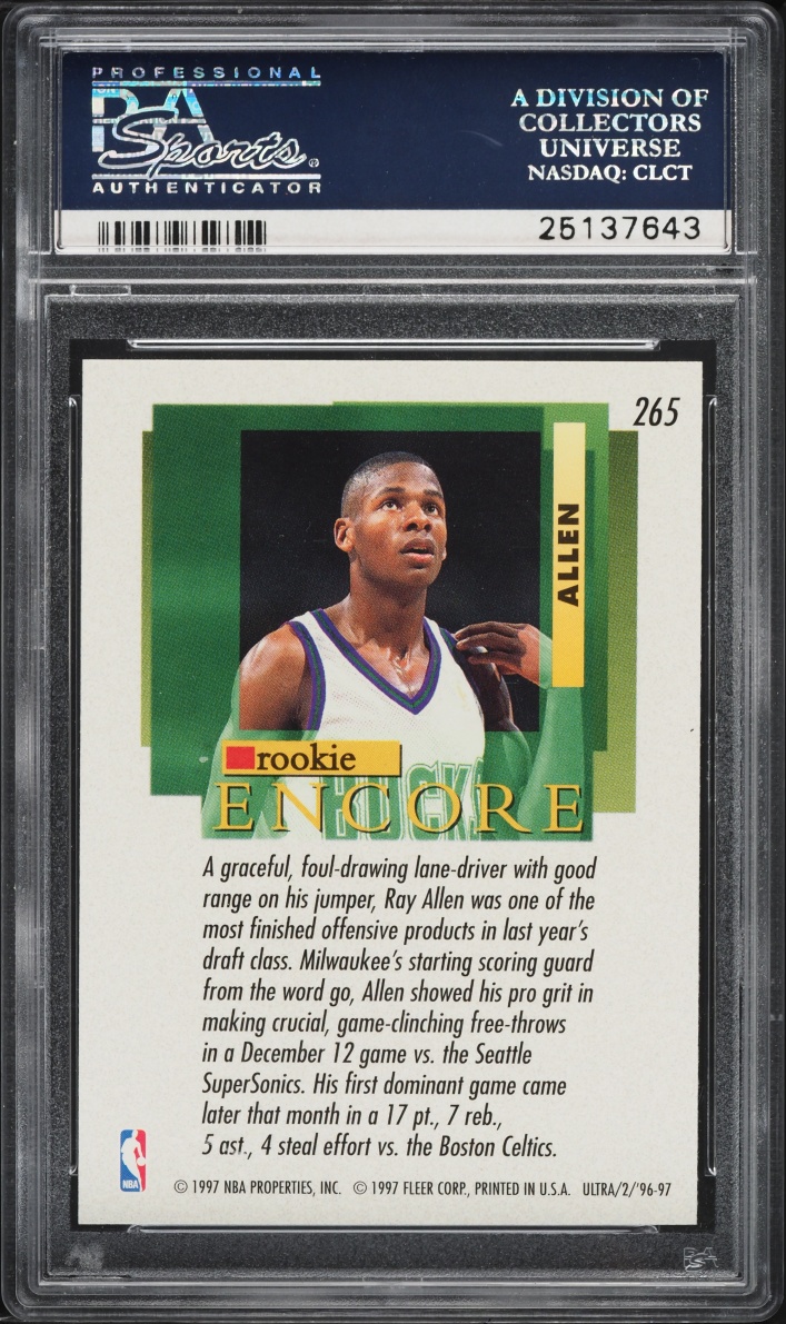 1996 Ultra Basketball Ray Allen ROOKIE #265 PSA 10 GEM MINT