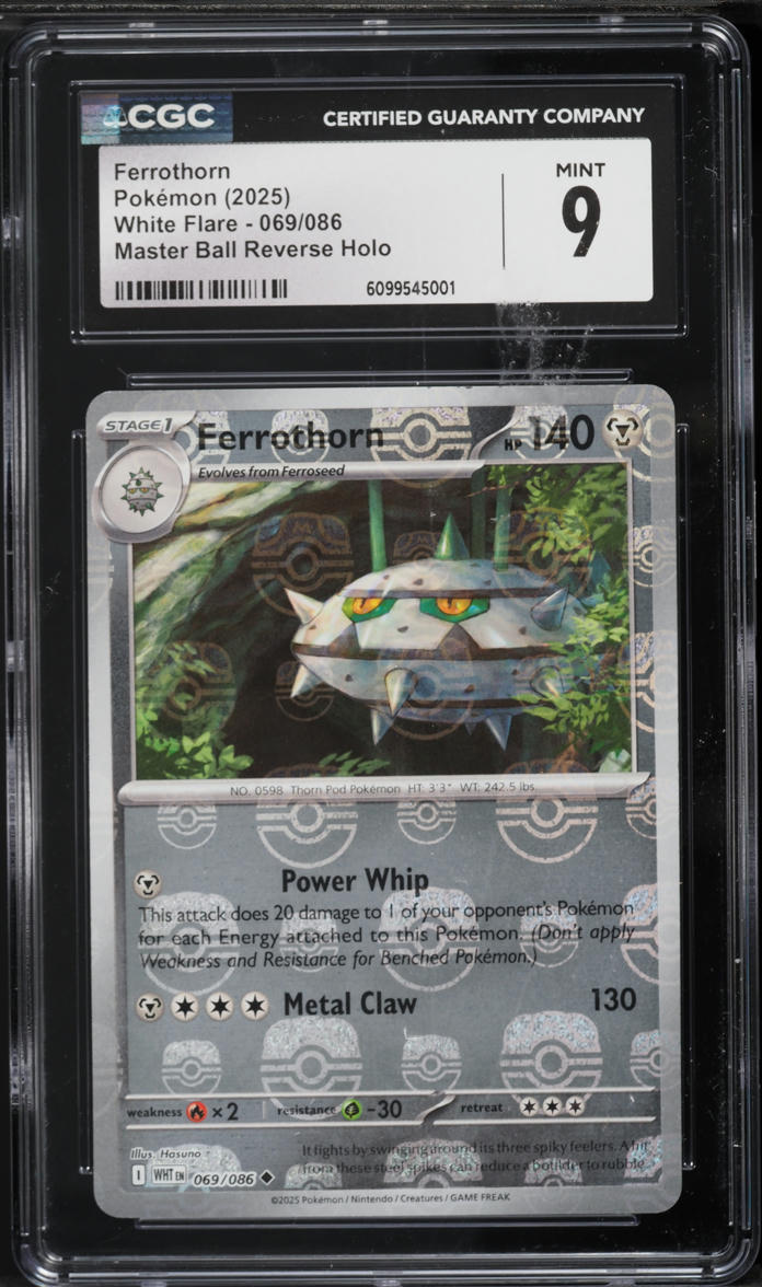 2025 Pokemon Scarlet & Violet White Flare Master Ball Reverse Holo Ferrothorn #069 CGC 9 MINT
