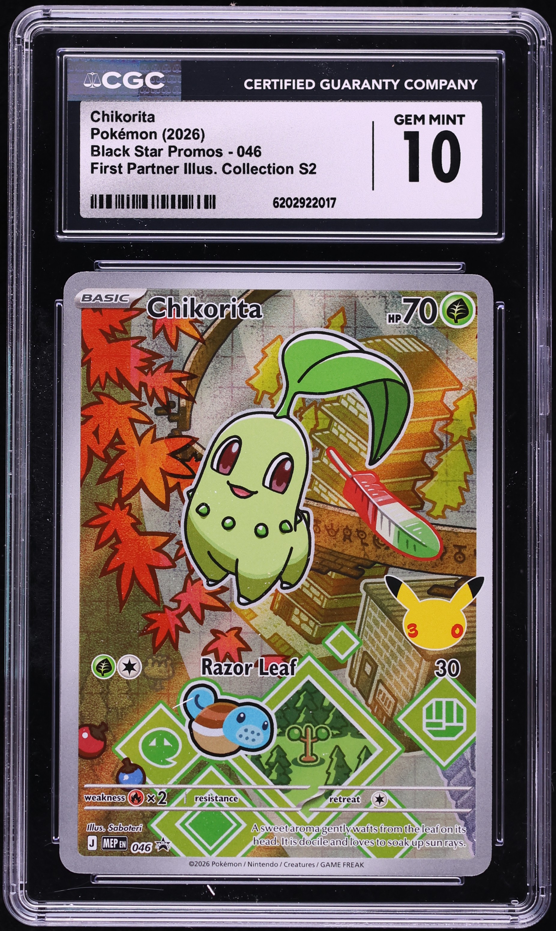 2026 Pokemon Mega Promo First Partner Illustration S2 Full Art Chikorita #46 CGC 10 GEM MINT