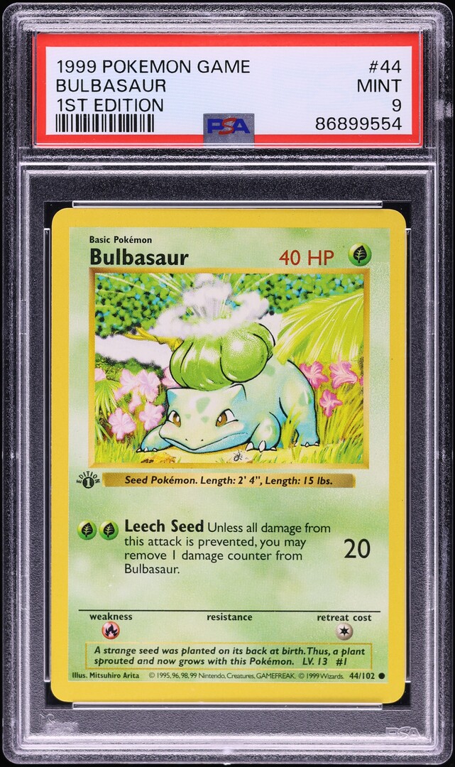 1999 Pokemon Base Set Shadowless 1st Edition Bulbasaur #44 PSA 9 MINT