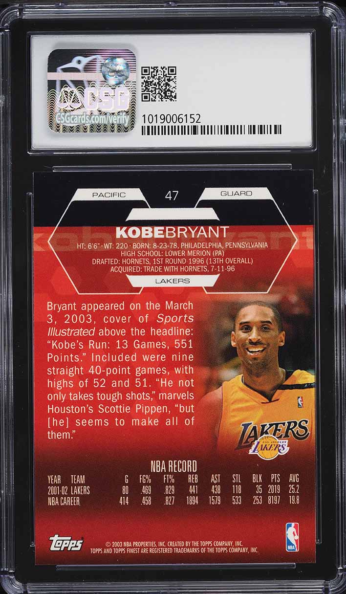 2002 Finest Basketball Kobe Bryant #47 CSG 9.5 GEM MINT