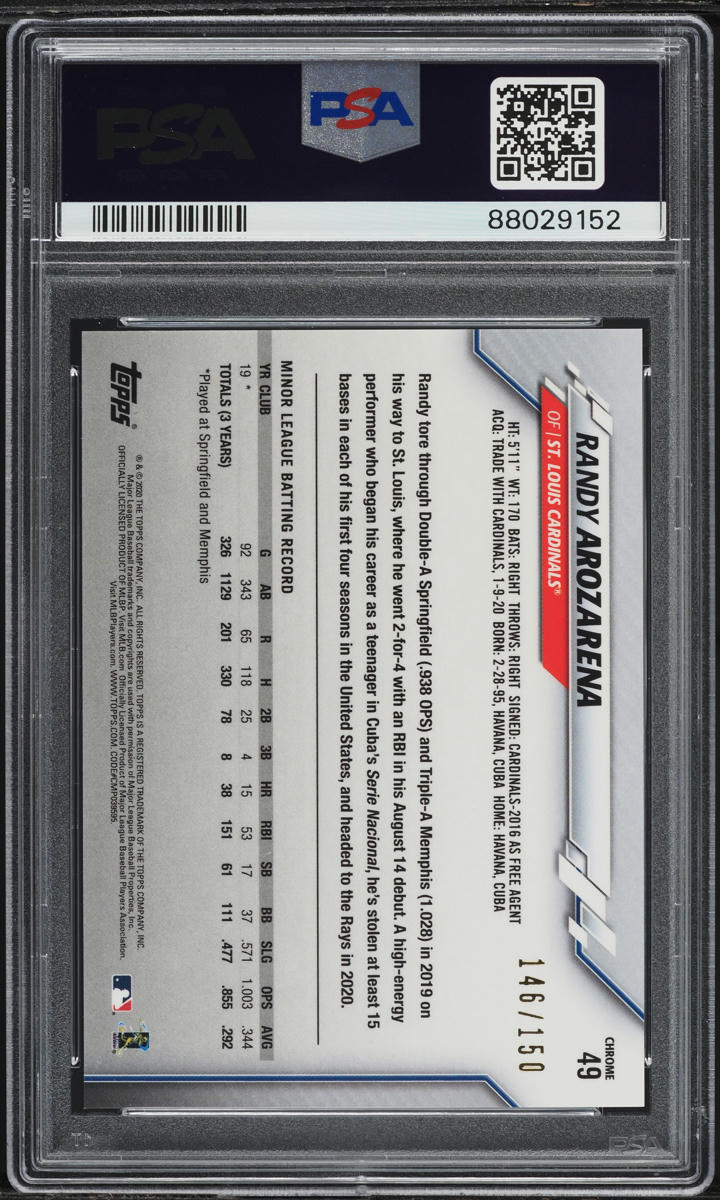 2020 Topps Chrome Blue Refractor Randy Arozarena ROOKIE /150 #49 PSA 10 GEM MINT