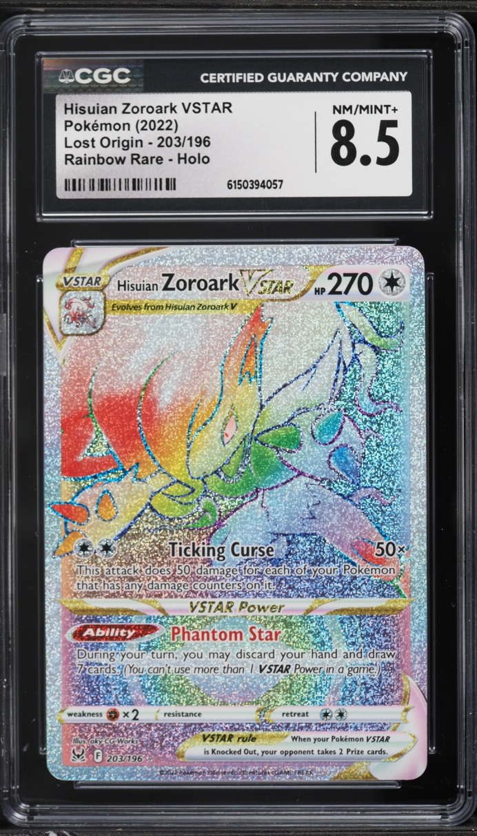 2022 Pokemon Sword & Shield Lost Origin Rainbow Rare Hisuian Zoroark VSTAR #203 CGC 8.5 NM-MT+
