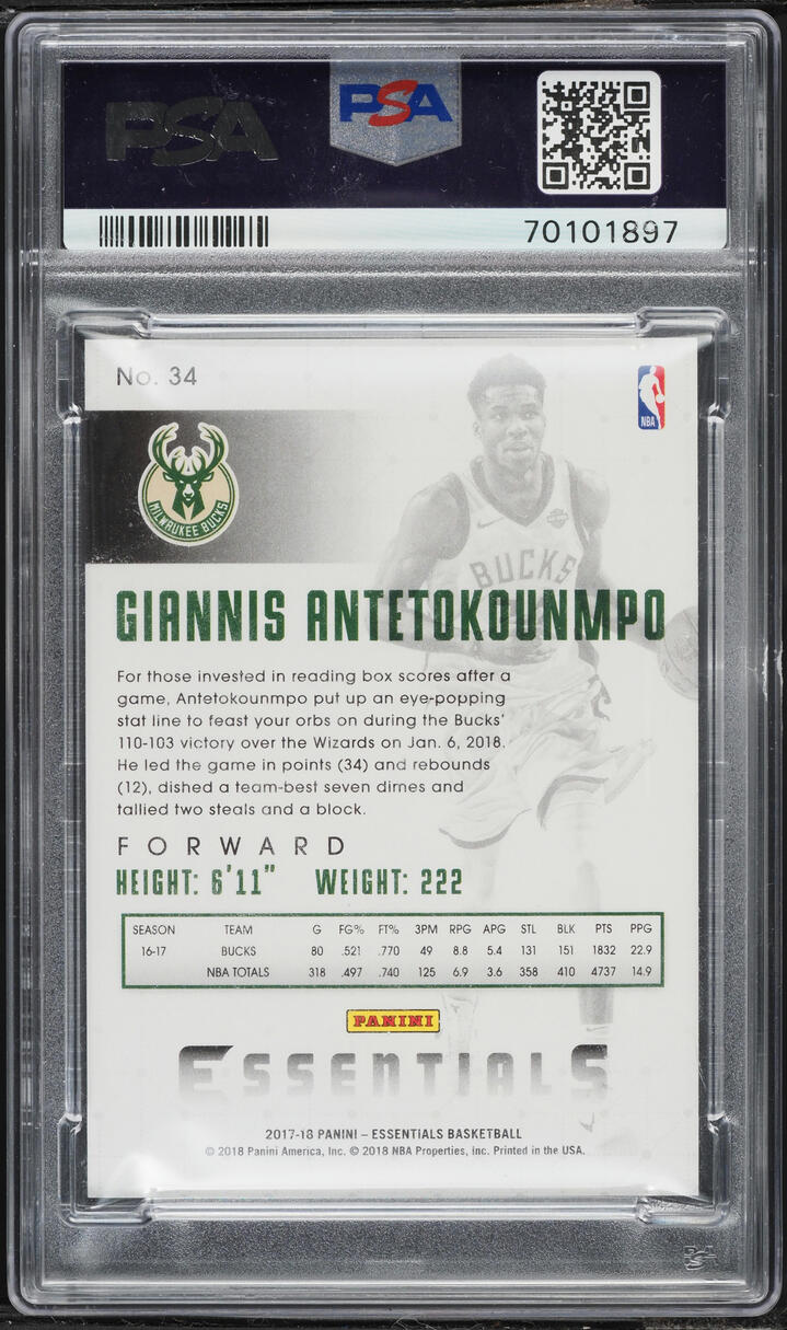 2017 Panini Essentials Platinum Giannis Antetokounmpo #34 PSA 10 GEM MINT