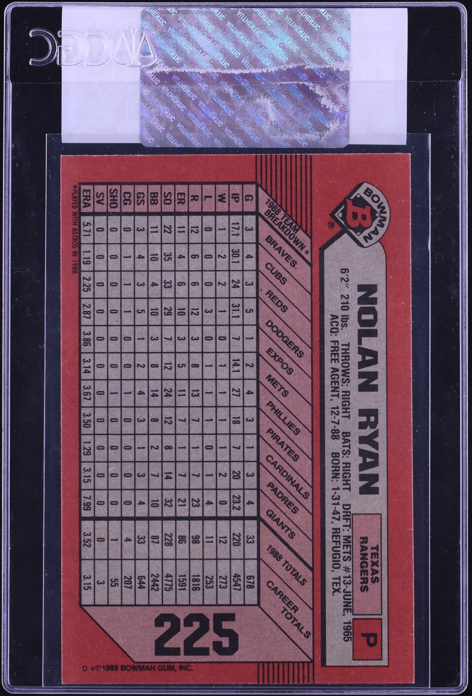 1989 Bowman Nolan Ryan #225 CGC AUTH