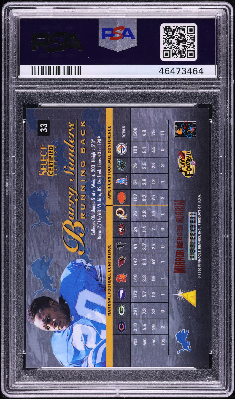 1996 Select Certified Premium Stock Mirror Red Barry Sanders /20 #33 PSA 9 MINT