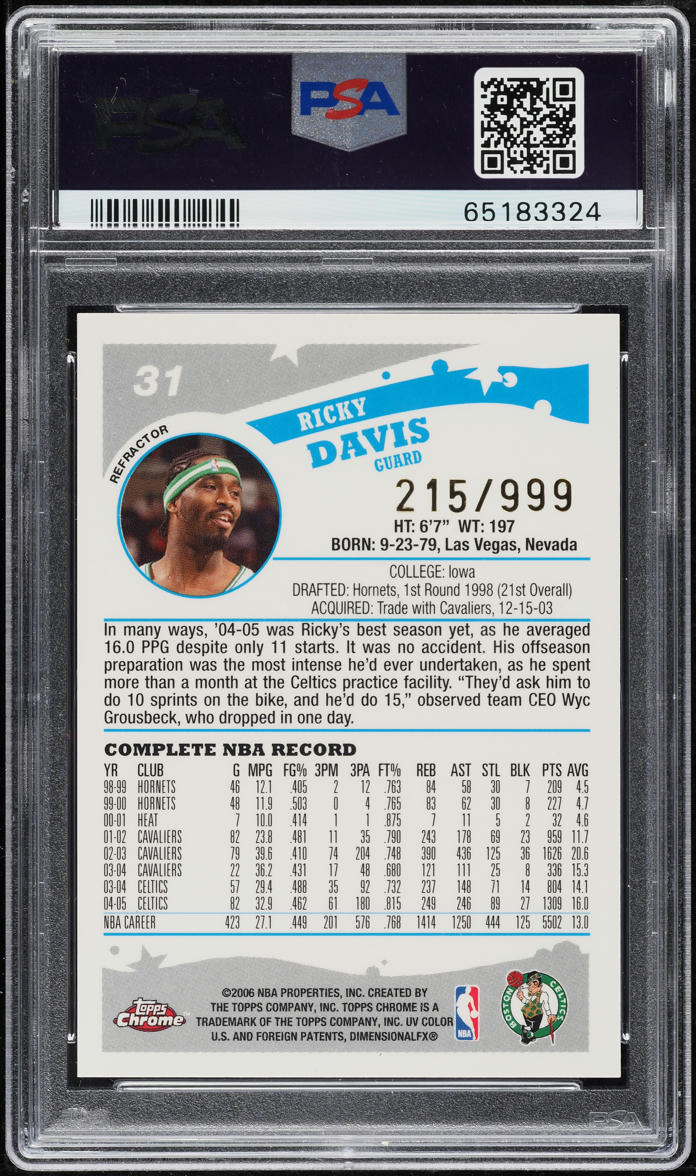 2005 Topps Chrome Refractor Ricky Davis /999 #31 PSA 10 GEM MINT