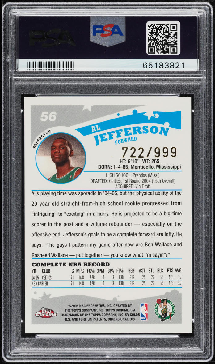 2005 Topps Chrome Refractor Al Jefferson /999 #56 PSA 10 GEM MINT