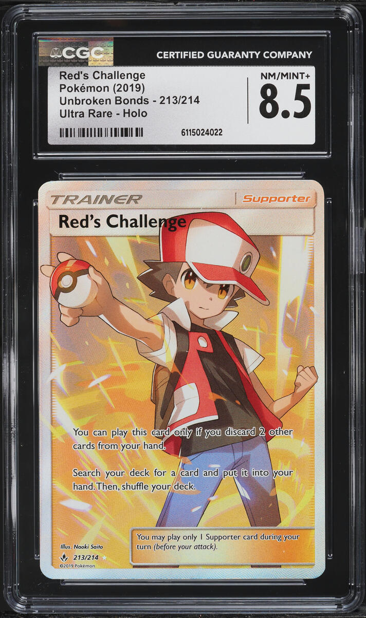 2019 Pokemon Sun & Moon Unbroken Bonds Full Art Red's Challenge #213 CGC 8.5 NM-MT+