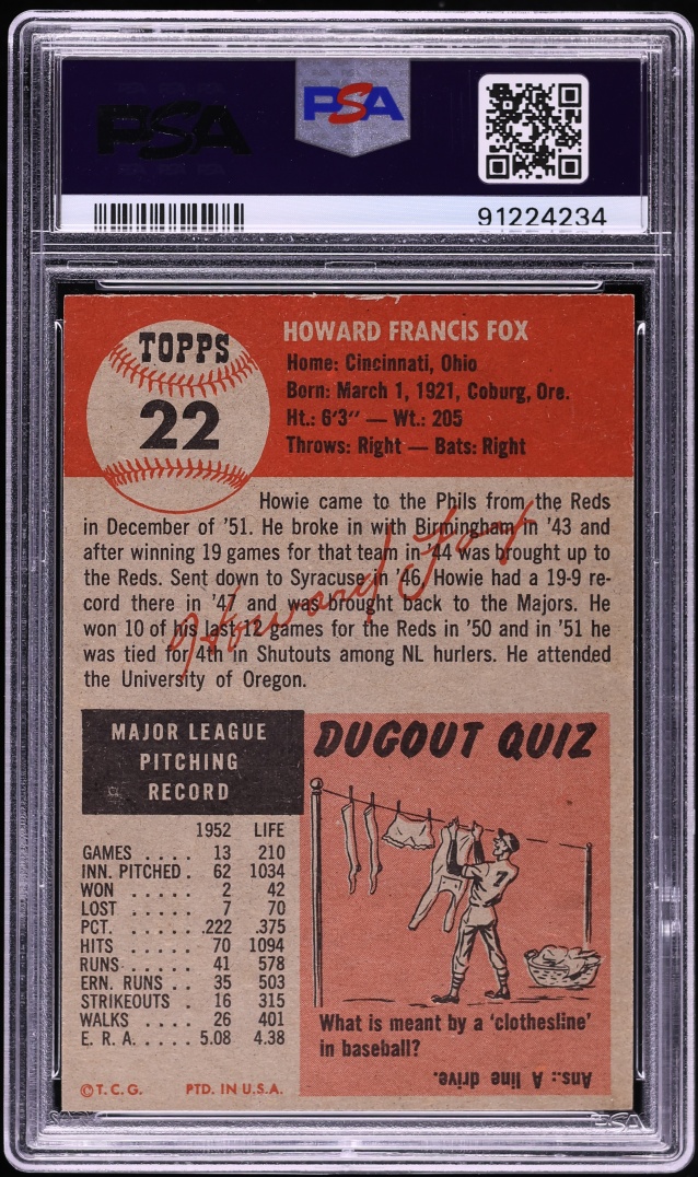 1953 Topps Howie Fox #22 PSA 8 NM-MT