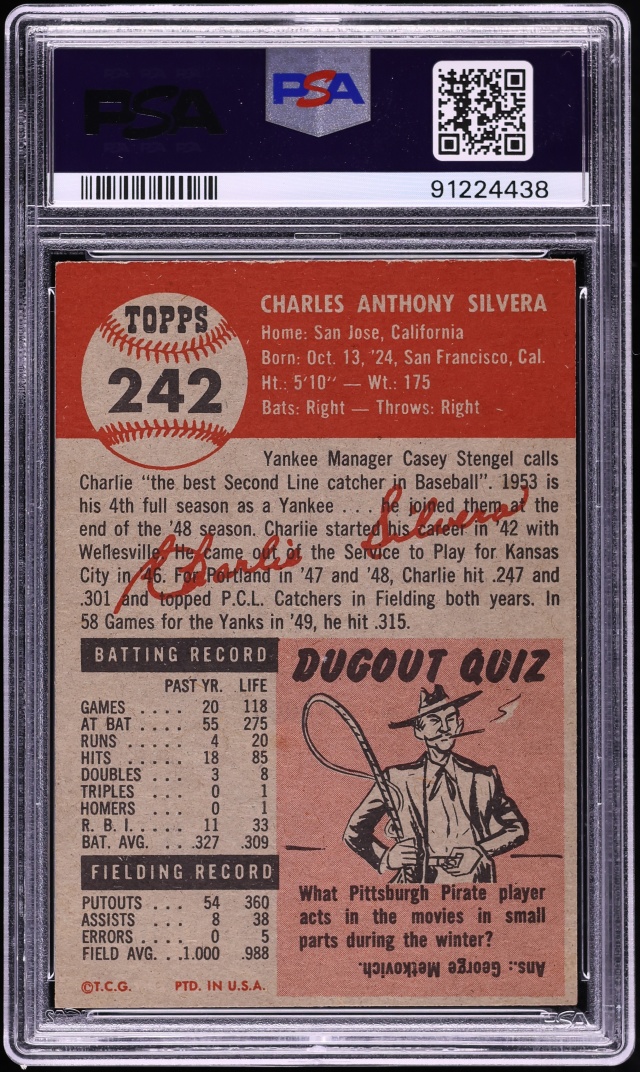1953 Topps Charlie Silvera SHORT PRINT #242 PSA 8 NM-MT