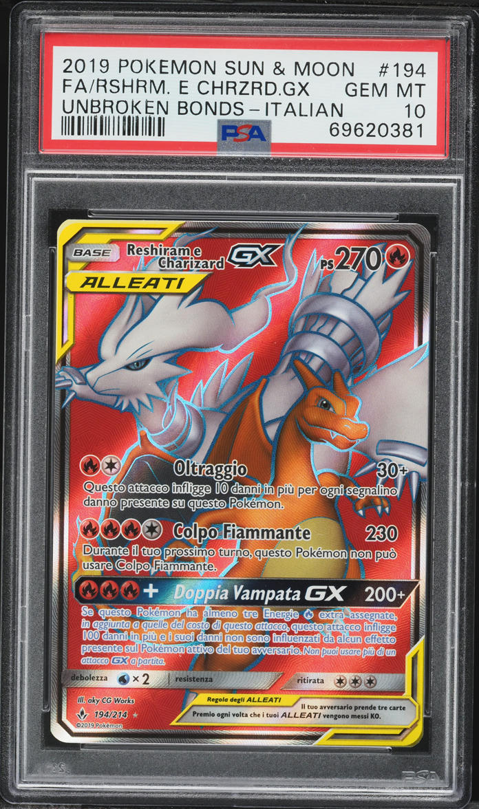 2019 Pokemon Italian SM Unbroken Bonds Full Art Reshiram Charizard GX #194 PSA 10 GEM MINT