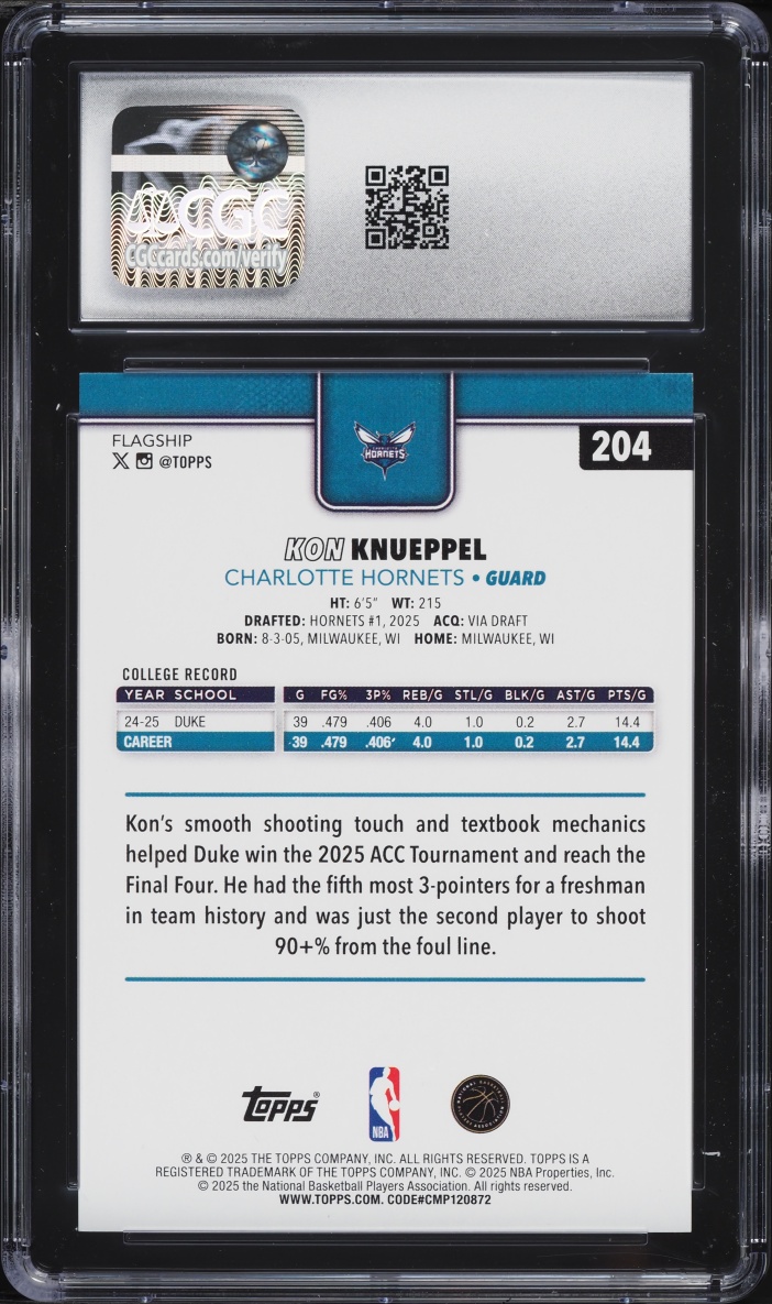 2025 Topps Basketball Kon Knueppel ROOKIE #204 CGC 10 GEM MINT