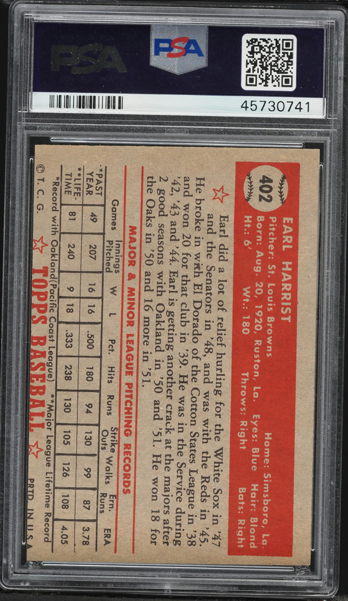 1952 Topps Earl Harrist #402 PSA 6 EXMT