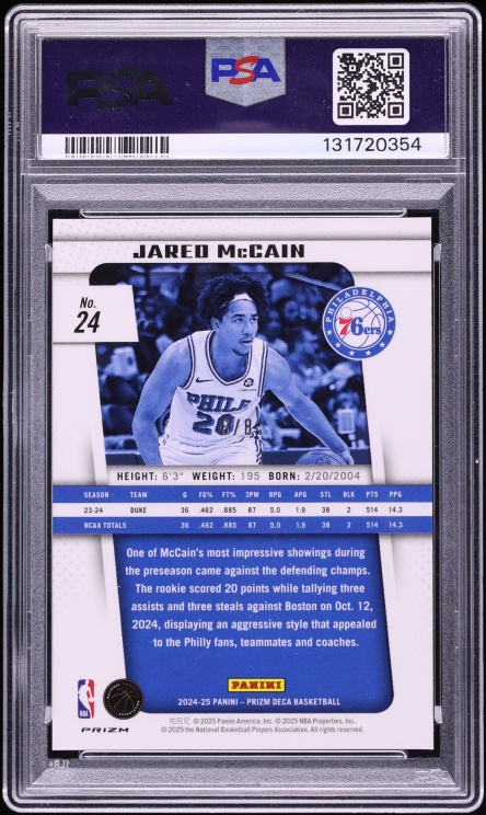 2024 Panini Prizm Deca Black Gold Shimmer FOTL Jared McCain ROOKIE /8 #24 PSA 10 GEM MINT