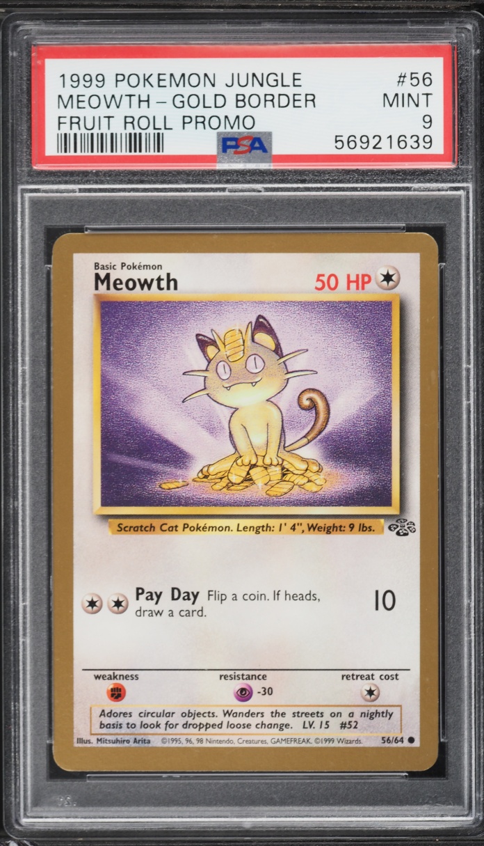 1999 Pokemon Jungle Promo Fruit Roll Gold Border Meowth #56 PSA 9 MINT