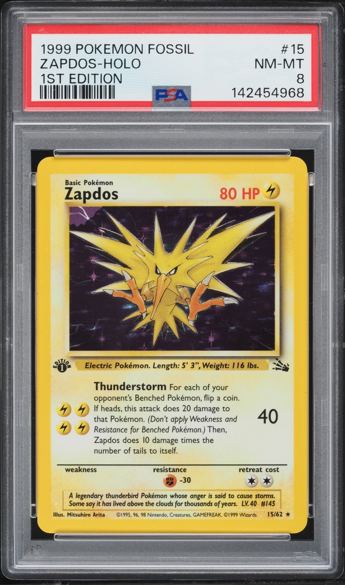 1999 Pokemon Fossil 1st Edition Holo Zapdos #15 PSA 8 NM-MT