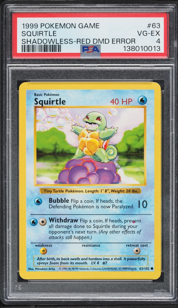1999 Pokemon Base Set Shadowless Red Diamond Error Squirtle #63 PSA 4 VGEX