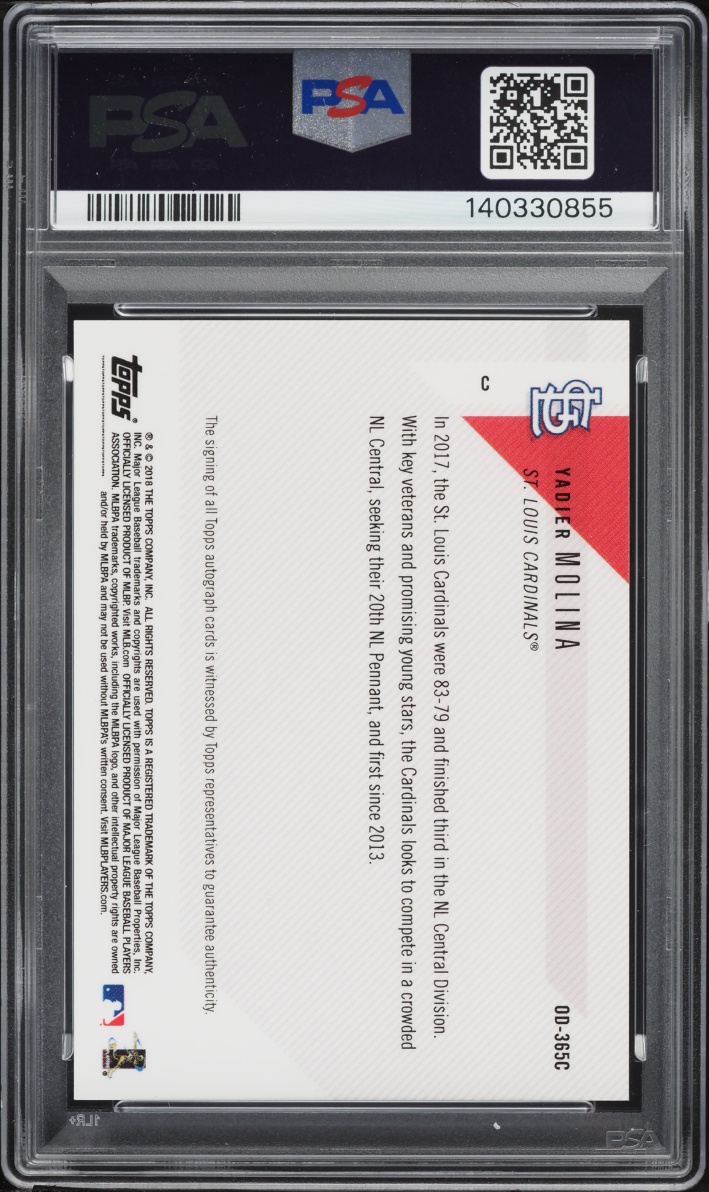 2018 Topps Now Road To Opening Day Purple Yadier Molina AUTO DNA 9 /25 #OD-365C PSA 10 GEM MINT