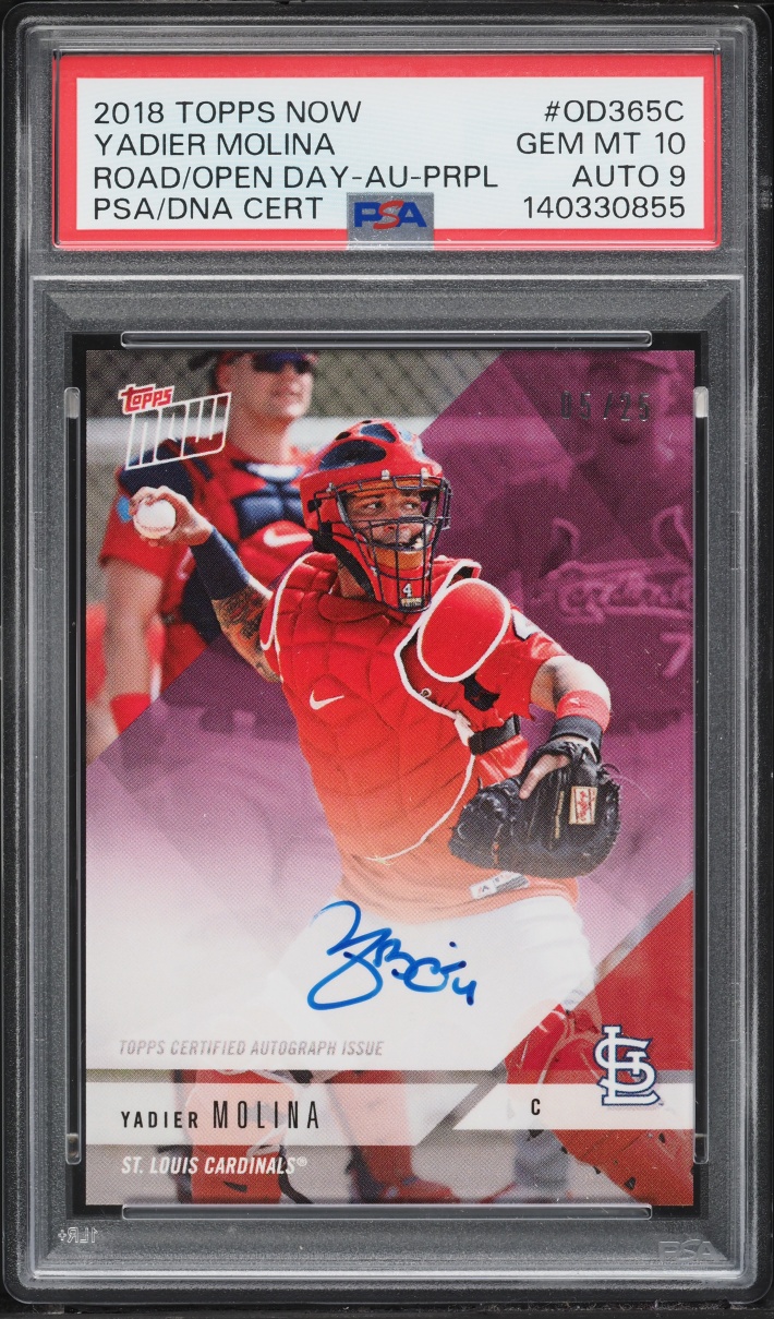 2018 Topps Now Road To Opening Day Purple Yadier Molina AUTO DNA 9 /25 #OD-365C PSA 10 GEM MINT