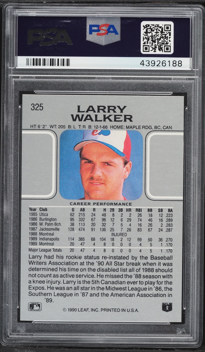 1990 Leaf Larry Walker ROOKIE #325 PSA 9 MINT