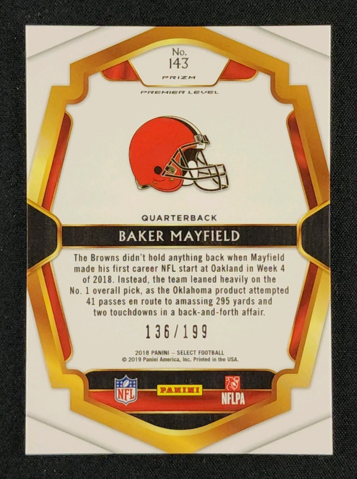 2018 Select Premier Level Tri-Color Prizm Baker Mayfield ROOKIE /199 #143 MBA AUTH