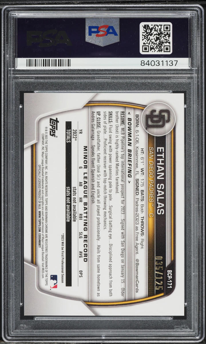 2023 Bowman Chrome Aqua Pink Vapor Refractor Ethan Salas PROSPECT /125 #BCP171 PSA 10 GEM MINT