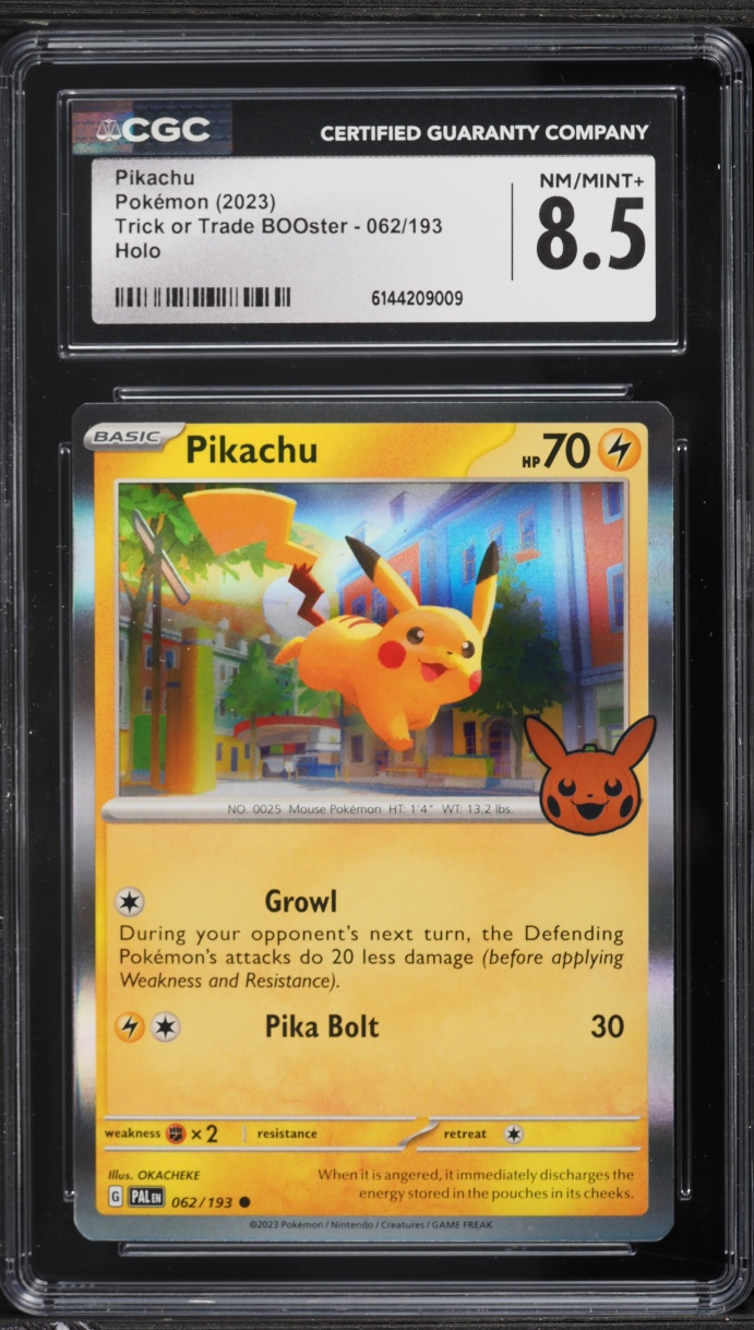 2023 Pokemon Scarlet & Violet Trick Or Trade BOOster Holo Pikachu #62 CGC 8.5 NM-MT+