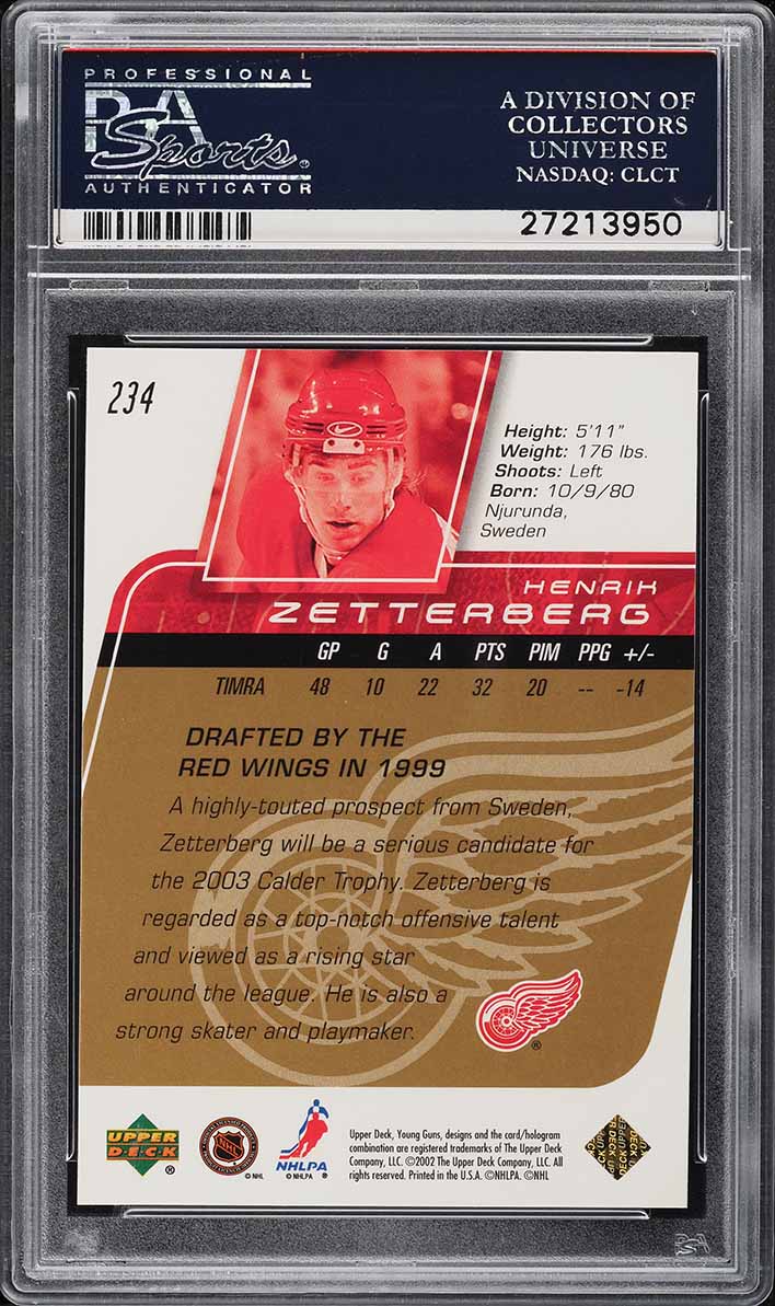 2002 Upper Deck Young Guns Exclusives Henrik Zetterberg ROOKIE 75/75 #234 PSA 10