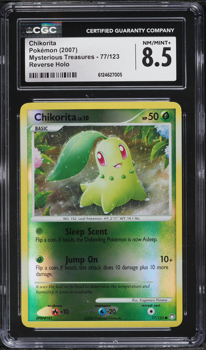 2007 Pokemon Diamond & Pearl Mysterious Treasures Reverse Holo Chikorita #77 CGC 8.5 NM-MT+