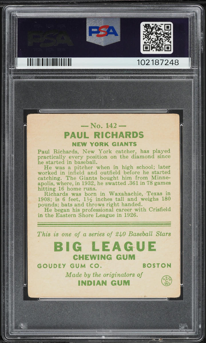 1933 Goudey Paul Richards #142 PSA 3 VG