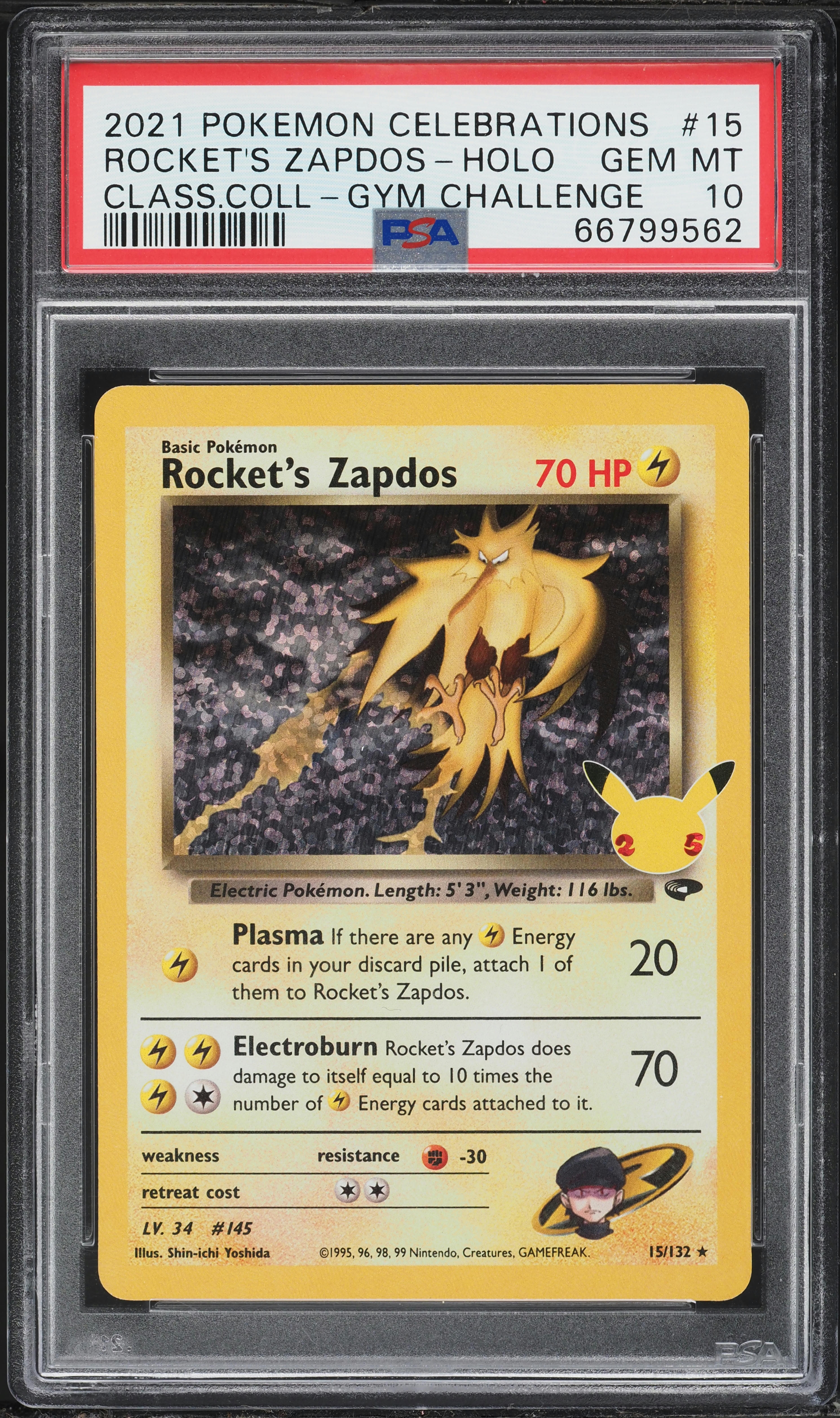2021 Pokemon Sword & Shield Celebrations Classic Collection Holo Rocket's Zapdos #15 PSA 10 GEM