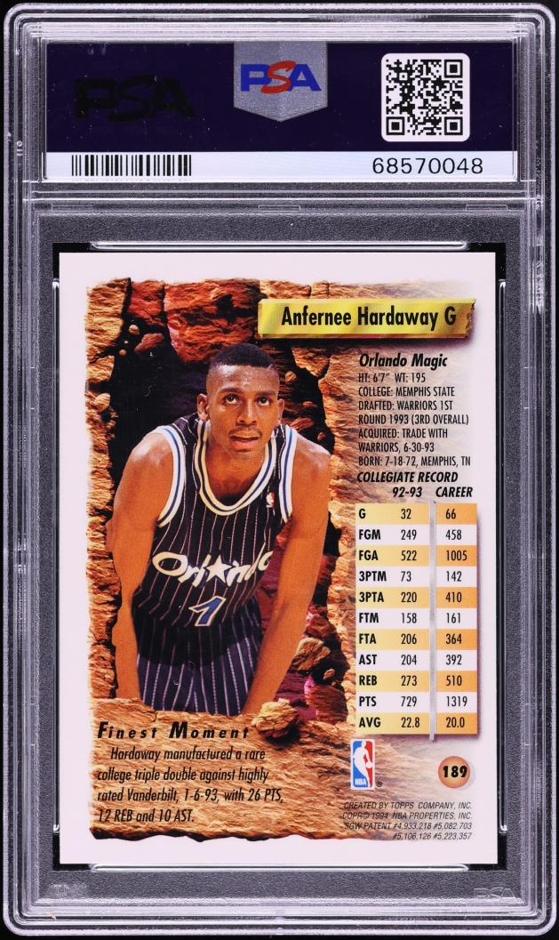 1993 Finest Basketball Anfernee Hardaway ROOKIE #189 PSA 8 NM-MT