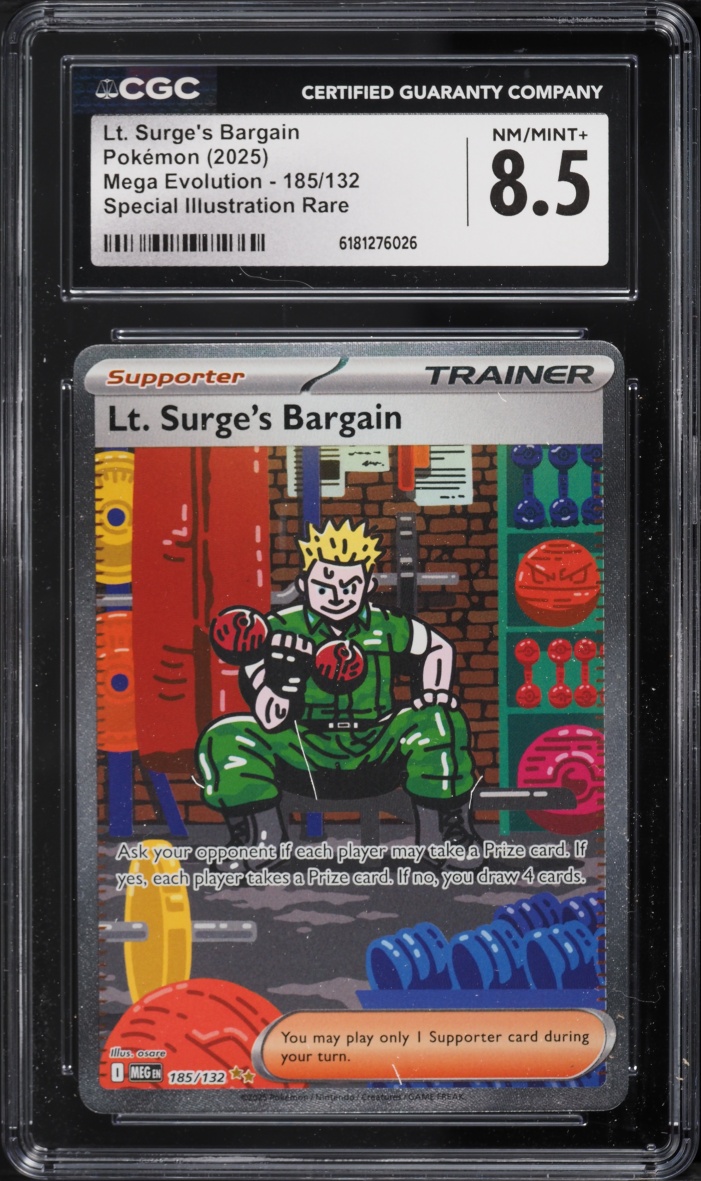 2025 Pokemon Mega Evolution SIR Lt Surge's Bargain #185 CGC 8.5 NM-MT+