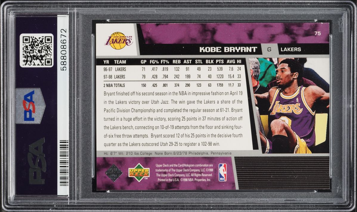 1998 Upper Deck Basketball Kobe Bryant #75 PSA 8 NM-MT