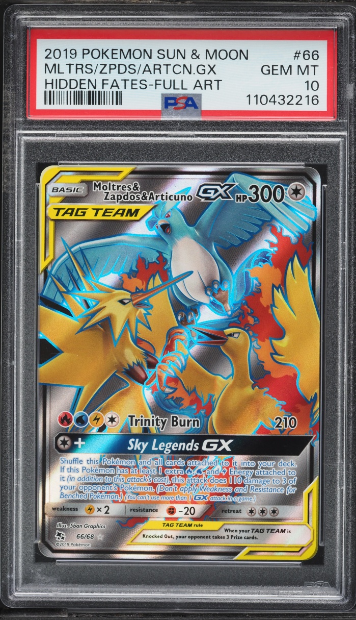 2019 Pokemon Sun & Moon Hidden Fates Full Art Moltres Zapdos Articuno GX #66 PSA 10 GEM MINT