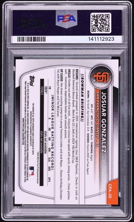 2025 Bowman Chrome Speckle Refractor Josuar Gonzalez PROSPECT AUTO /299 #CPA-JD PSA 10 GEM MINT